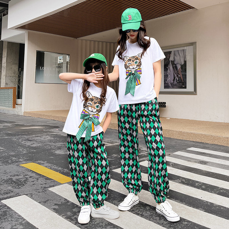 Family Matching Outfits Kid's Fashion Printed Plaid Cat Head Short Sleeve Top Plaid Casual Pants 2PCS Girls' Ladies Travel Parent-Child Outf