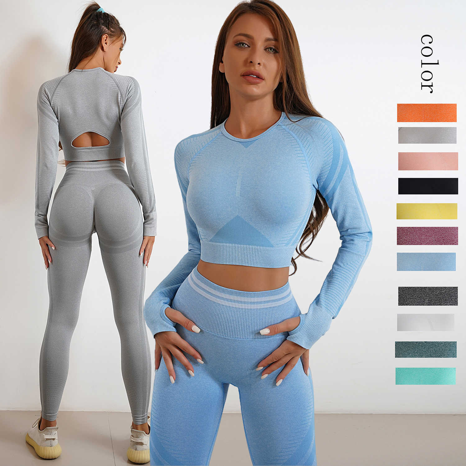 Womens Tracksuits Seamless Gym Clothes Women Fitness Leggings Sport Long Sleeve Yoga Set Running Workout Sportswear High Waist Legging Outfit Wear P23