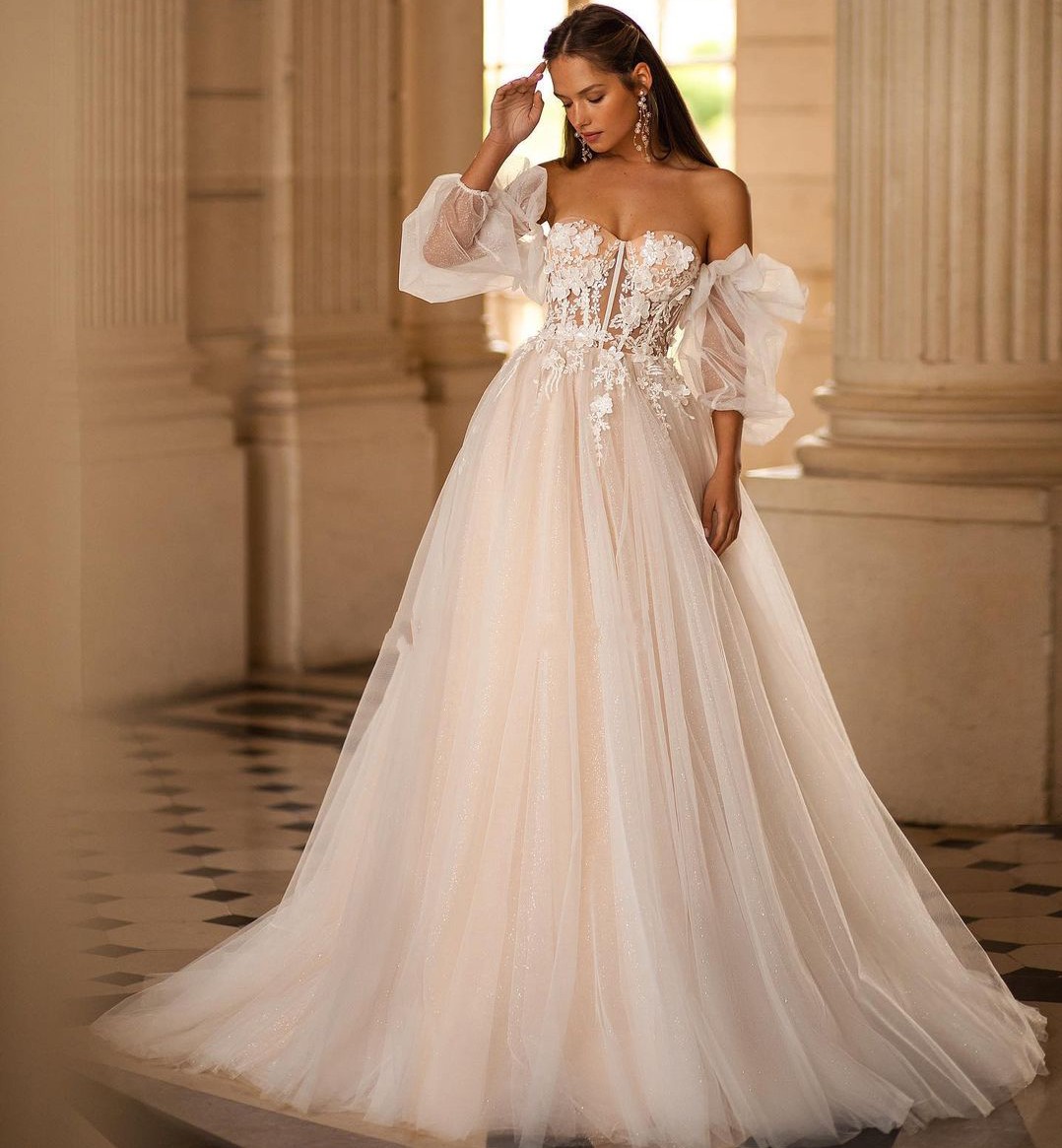 Champagne A Line Wedding Dress Sweetheart 3D Flower Lace Applique Boho Bridal Gowns Detachable Long Puff Sleeves Vestidos De Novia Custom Made