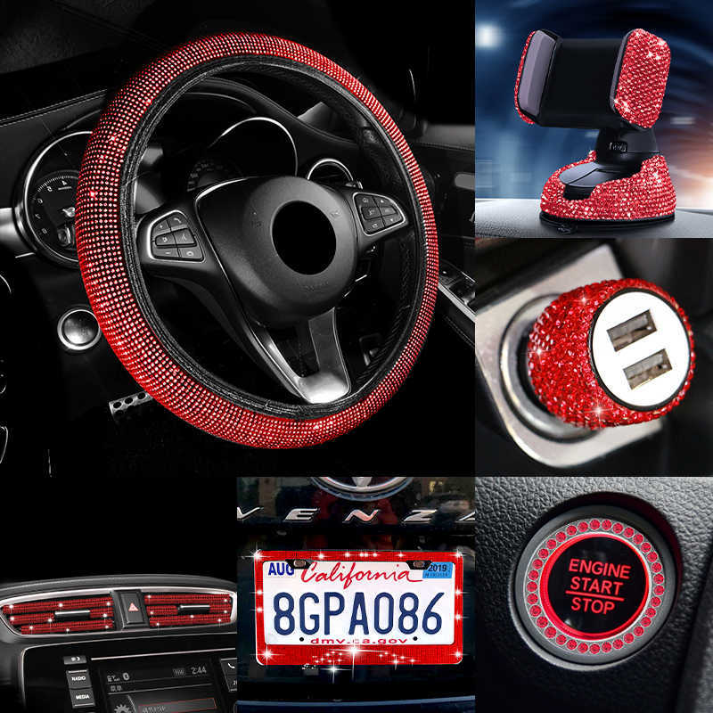 New Diamond Blingbling 27PCS/Set Car Interior Decor Accessories Set For Women Steering Wheel Cover License Plate Frame Car Vent Decor Phone Holder Hoo