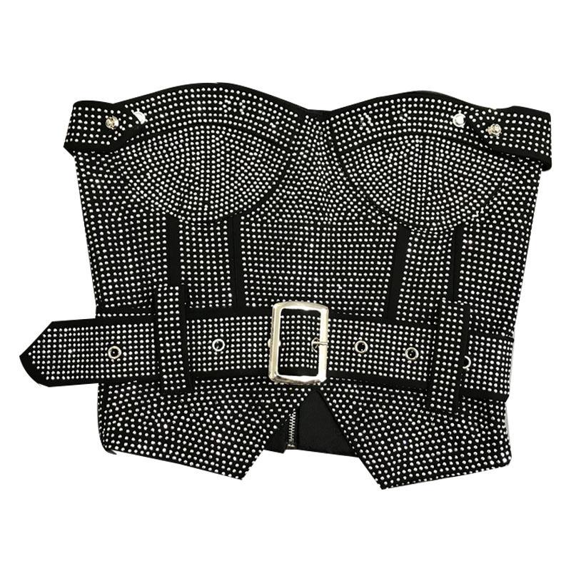 Two Piece Dress PREPOMP Sleeveless Strapless Diamonds Black Slim Tank Top Vest Short Bodycon Skirt Belt Set Outfits GH708 230505