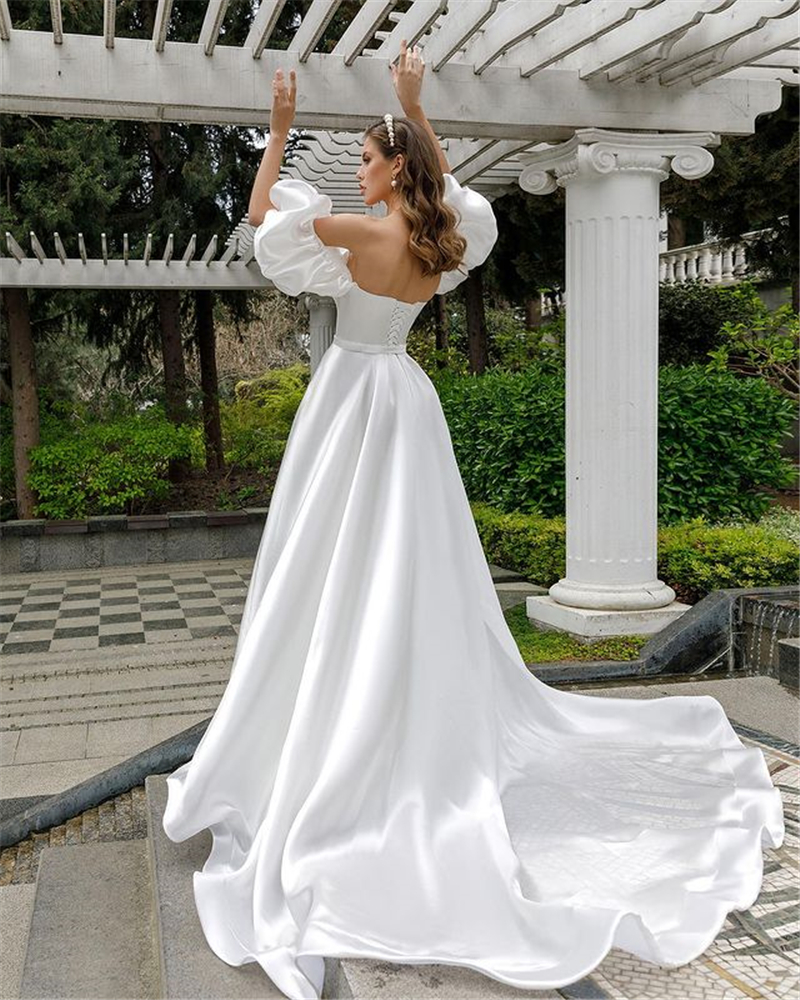 Elegant A-line Wedding Dress Removable Puff Sleeve High Slit Satin Bridal Gowns Sexy Vestidos De Novia Custom Made