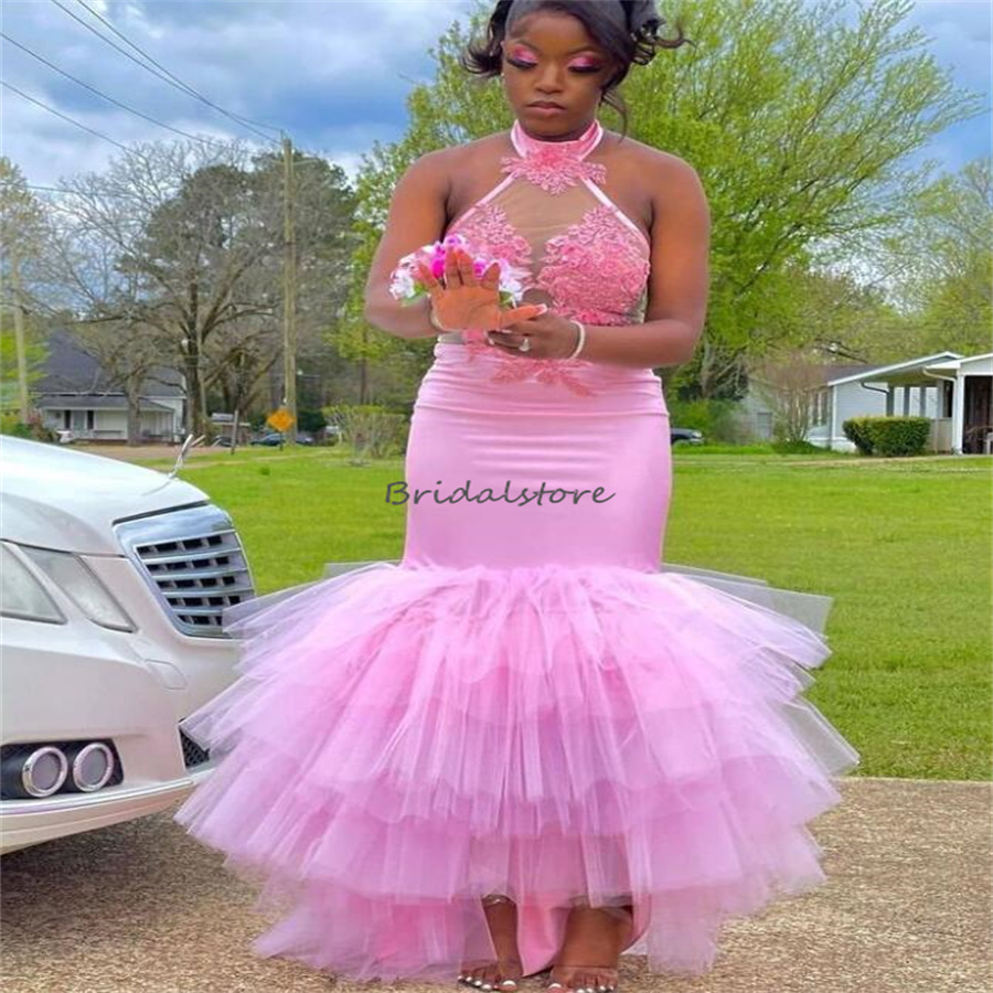 New Pink Black Girls Prom Dress For Birthday Party 2023 Halter African Mermaid Evening Gowns Tiered Tulle Lace Backless Formal Occasion Party Vestido 