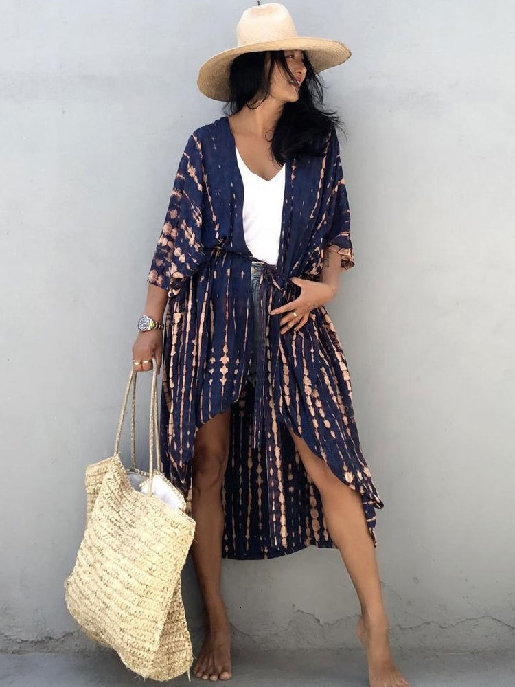 Women's Swimwear 2023 Bikini Coverups Black Retro Striped Self Belted Women Summer Clothing Kimono Dress Beach Wear Swim Suit Cover Up Q1225 2305