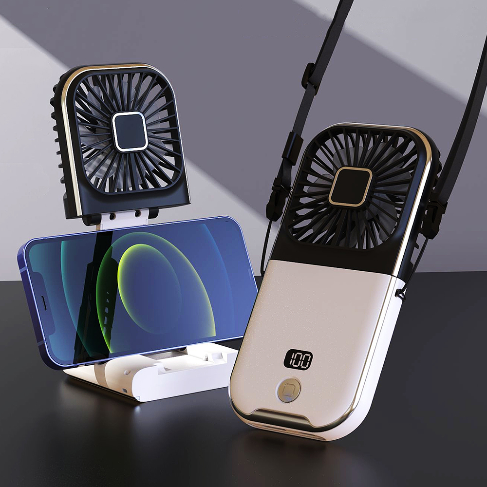 Handheld Fan Foldable Hanging Neck Fan Small Fan with Phone Stand Power Bank Function USB Charging 3000mAh Cooling Fan Digital display For Home Office