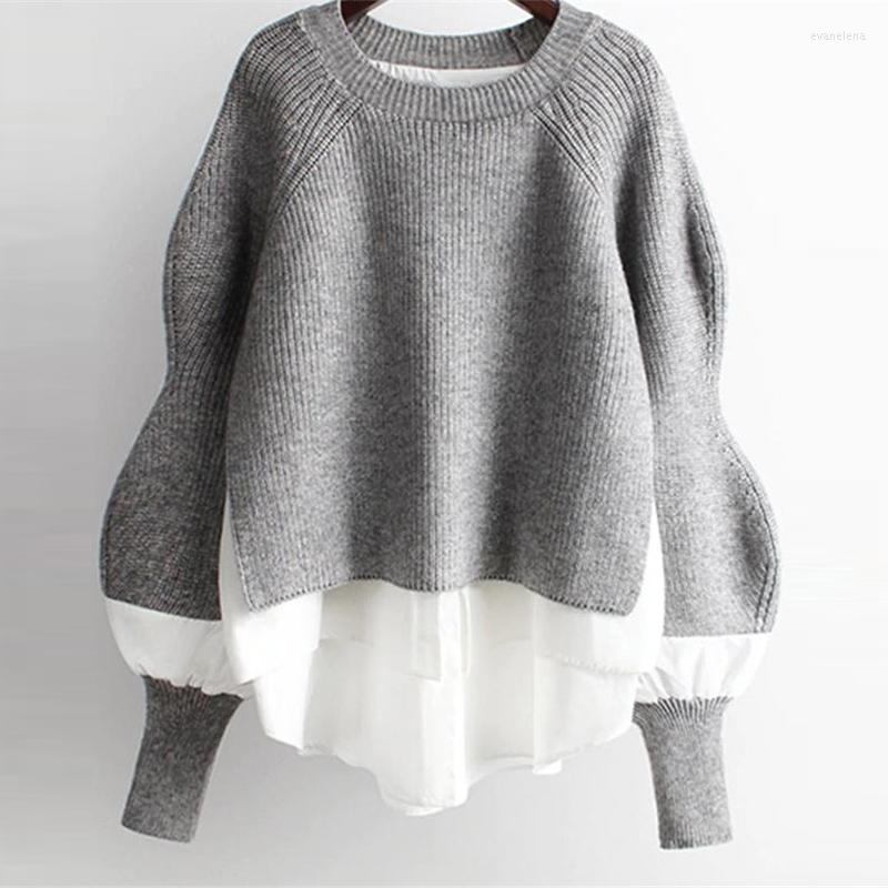 Womens Sweaters Knitted Sweater Patchwork Ruffle Lantern Sleeve O-neck Jumper Female Pullover 2023 Winter Loose Warm Ladies Top