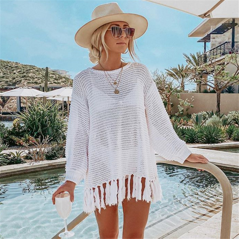 Women's Swimwear 2023 White Mesh Dress Bikini Coverups Sexy See Through Hollow Out Tassel Dres Clothing Beach Wear Swim Suit Cover Up 230506