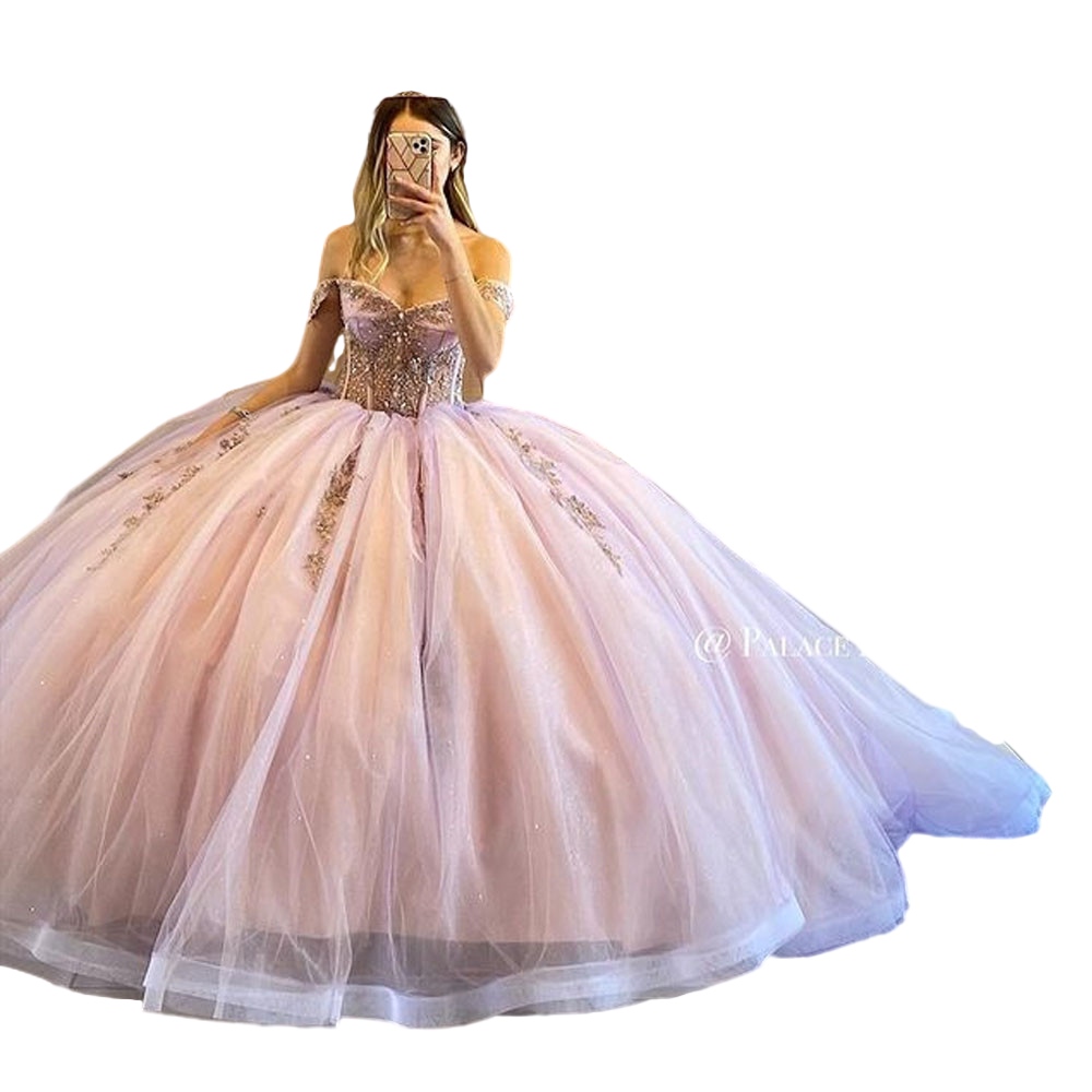 Lavender Pink Princess Quinceanera Dresses Off Shoulder Appliques Glitter lace-up corset Vestidos De 15 Anos Birthday prom Gown
