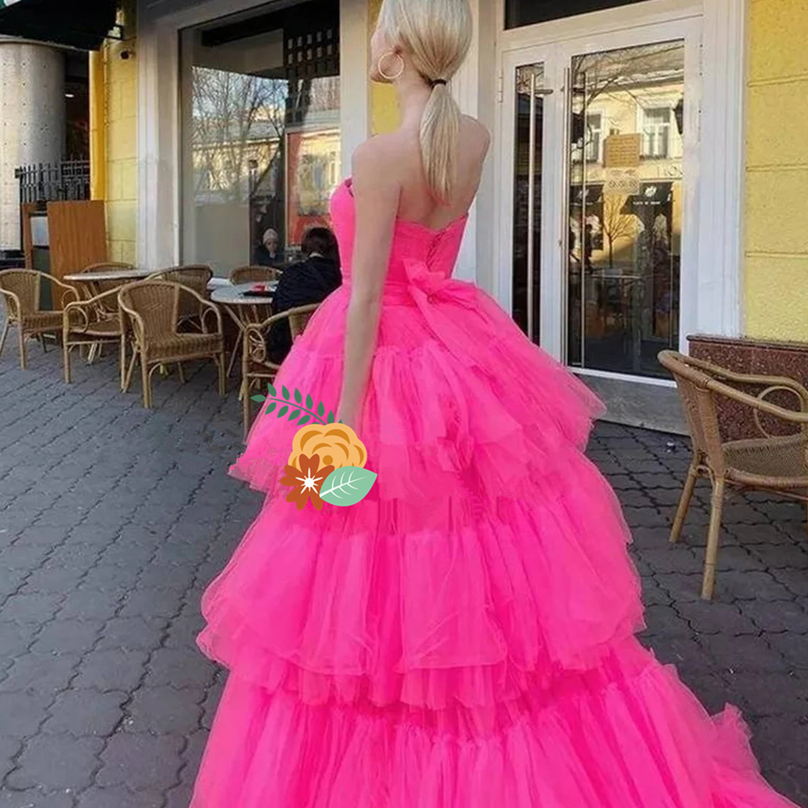 Hot Pink High Low Puffy A Line Prom Dresses Ruched Strapless Tiered Tulle Tutu Skirts Cocktail Party Dress Evening Gown