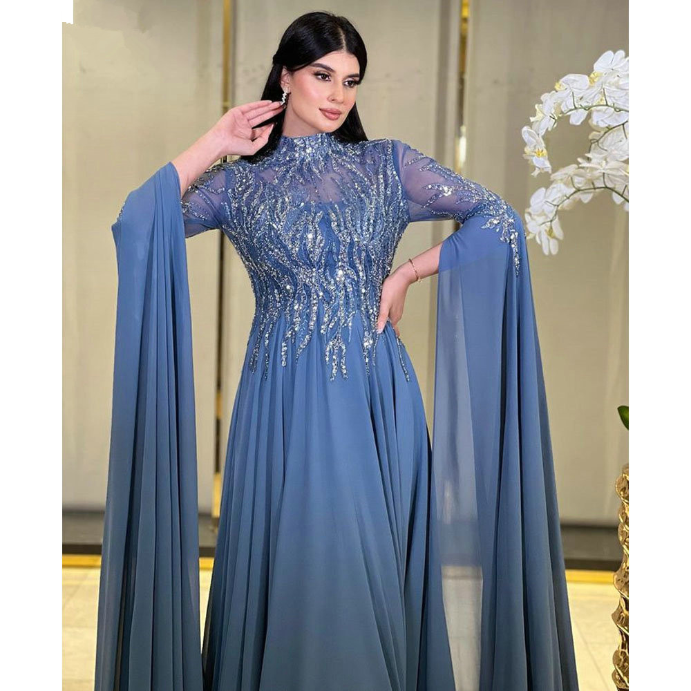 Dubai High Neck Sequined Beading Evening Dresses with long sleeve cape 2023 Saudi Arabic prom occasion reception gown Ramadan
