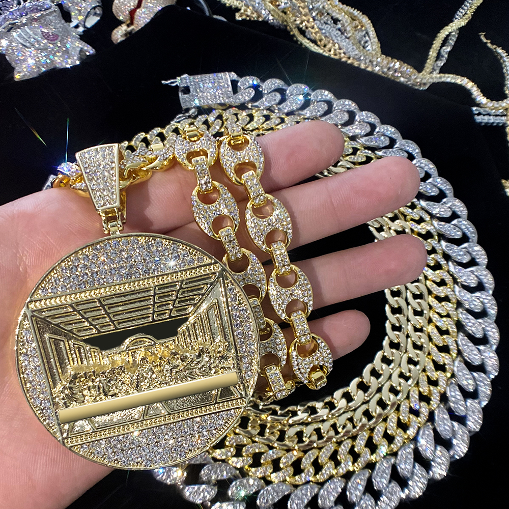 Pendant Necklaces Last Supper Big Jesus Iced Out Bling Zircon Gold Color Charm Necklace Fashion For Men Fathers Day Gift Hip Hop Jewelry 230506