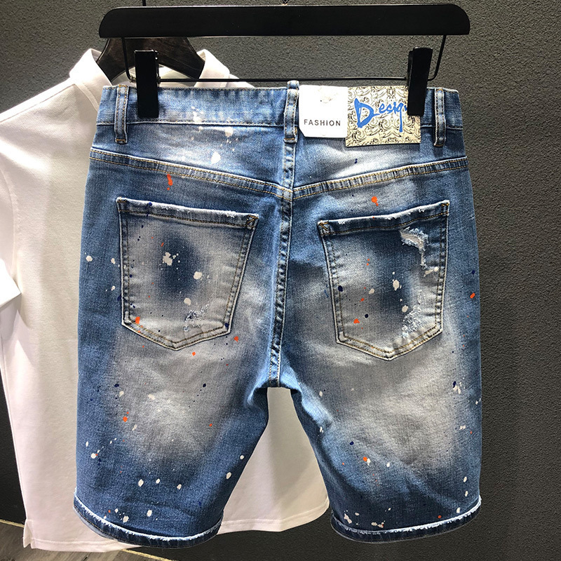 Men's Shorts Men Ripped Hole Denim Shorts Stretch Hip Hop Paint Splatter Frayed Streetwear Trend Destroyed Vintage Male Jeans Short 230506