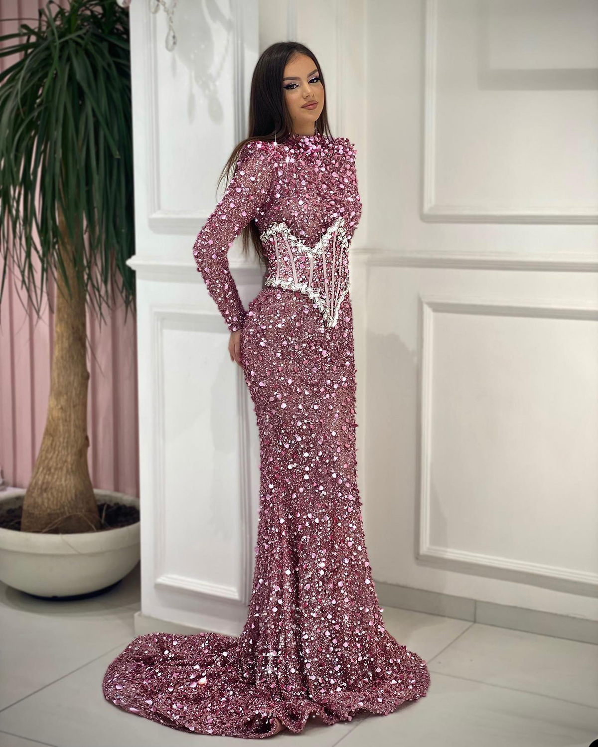 Gorgeous Mermaid Prom Dresses Jewel Long Sleeves Shining Sequins Beads Zipper Court Gown Custom Made Plus Size Party Dress Vestido De Noite 6660306