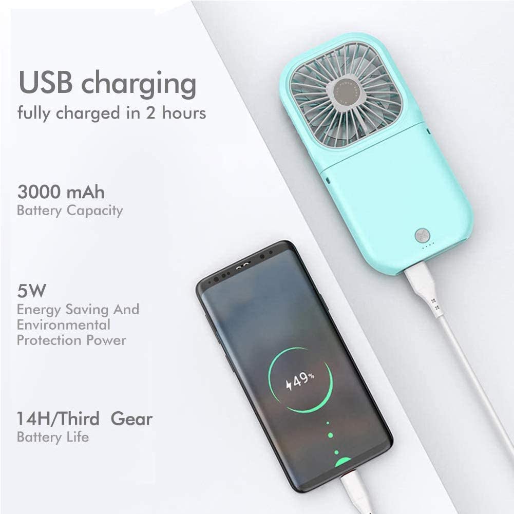 Mini Portable USB Foldable Personal Power Bank 3000mAh Battery Handheld Desk Fan with 4 Speeds Adjustment for Womens Girls Kids Travel Outdoor