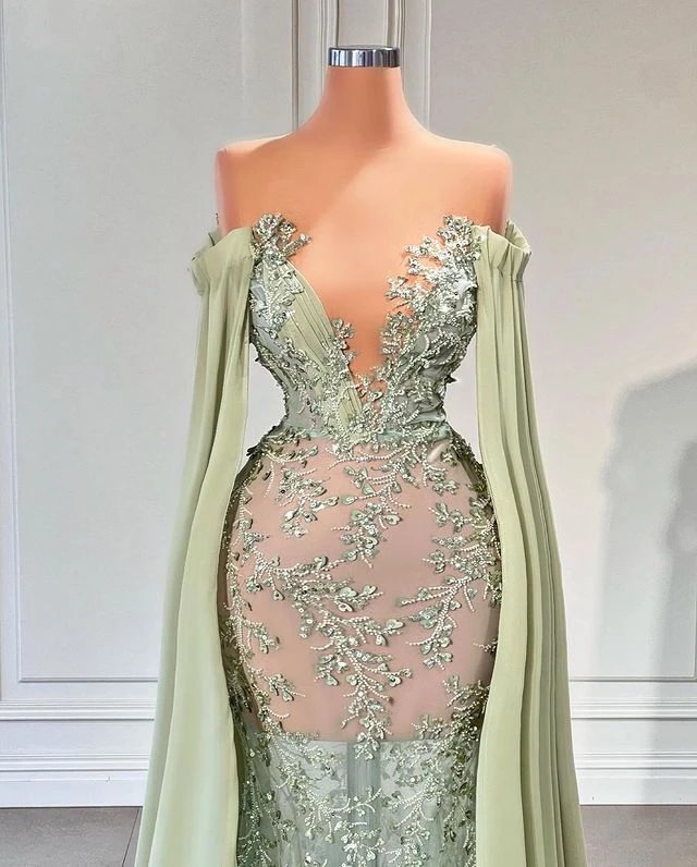 Green Lace Sage Chiffon Mermaid Prom Dresses with Sleeve Cape Sheer O-neck Applique Beaded Arabic Aso Ebi Evening Gown 322