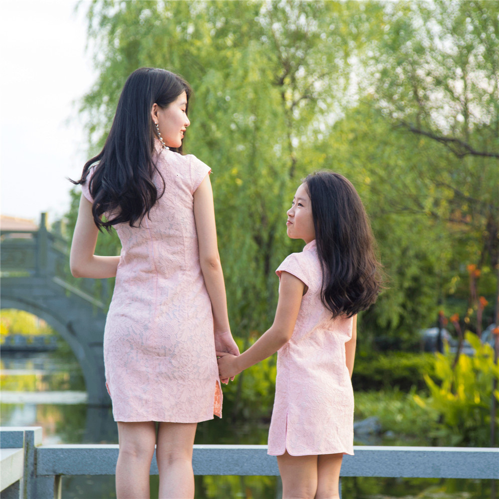 Family Matching Outfits Children's cheongsam dress summer baby Chinese style Tang suit Hanfu girls clothing parent-child mother lace cheongsam 23