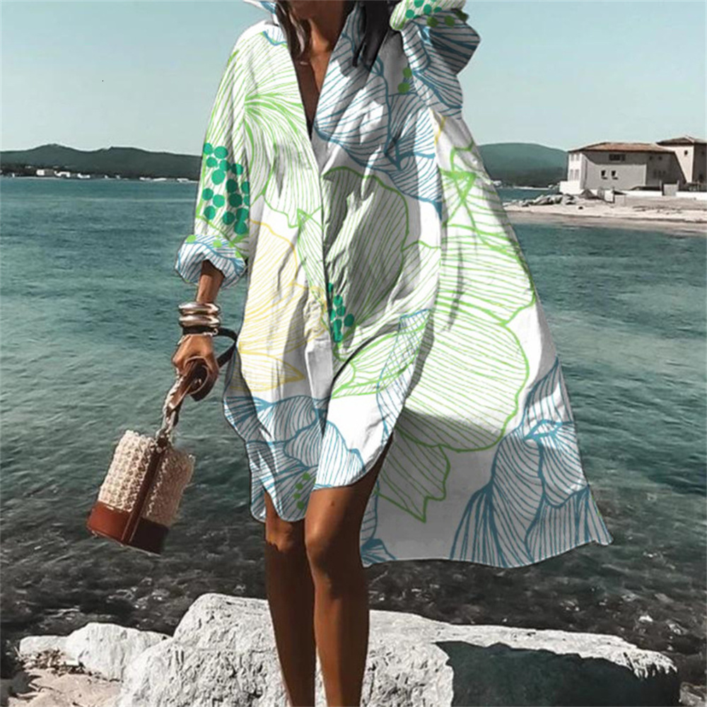 Women's Swimwear Casual Wavy stripes Print Beach Holiday Cover Up Coat Shirt Collar Swimsuit Pullover y2k clothing 230506
