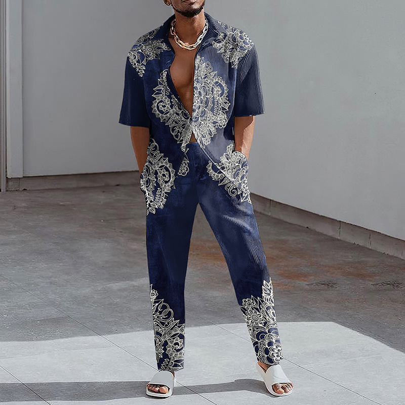 Men's Suits Blazers Fashion Print Two Piece Set Men Summer Short Sleeve Lapel Button Shirts And Straight Pants Suit For Mens Outfits Casual Cloth
