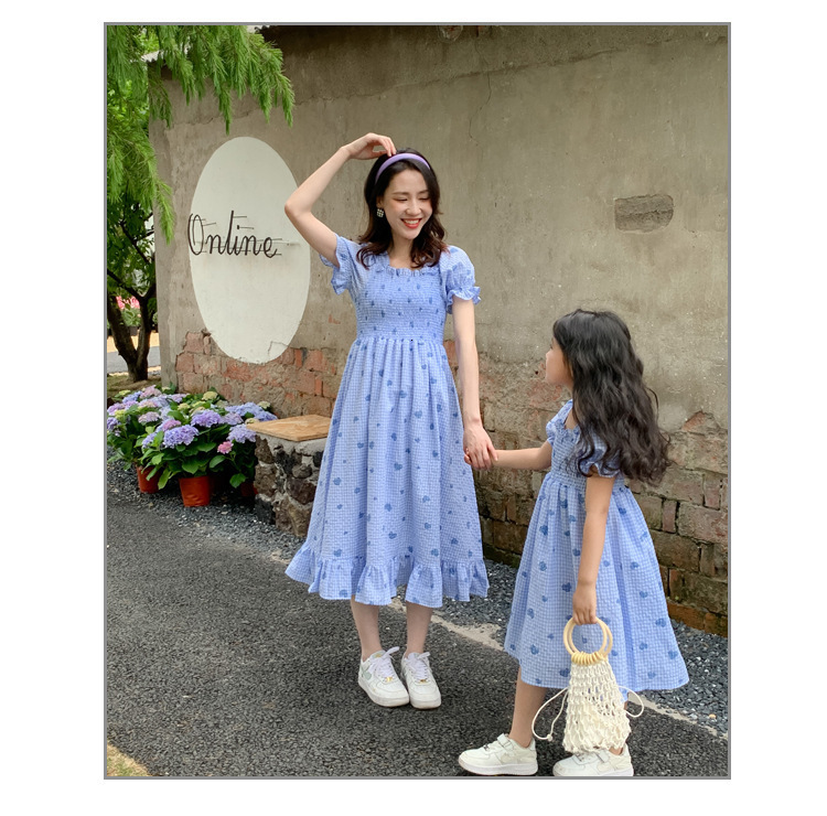 Family Matching Outfits Kids Girls Smocked Dress Women Smock Clothes Parent-Child Matching Clothing Elegant Mother Daughter Matching Dressess Korean 2