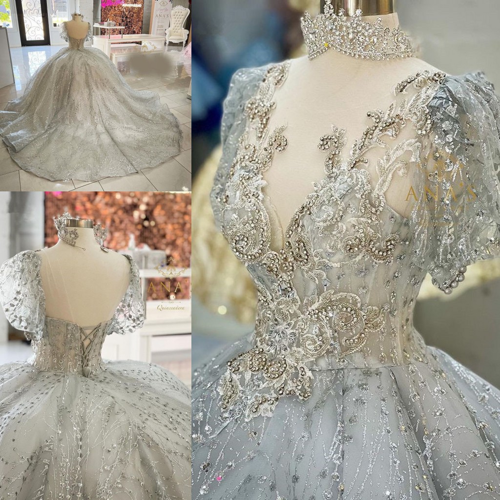 Princess Silver Gillter Quinceanera Dresses Beaded Pearl Crystal Applique lace-up corset Prom Sweet 16 Dress Vestidos De 15 anos