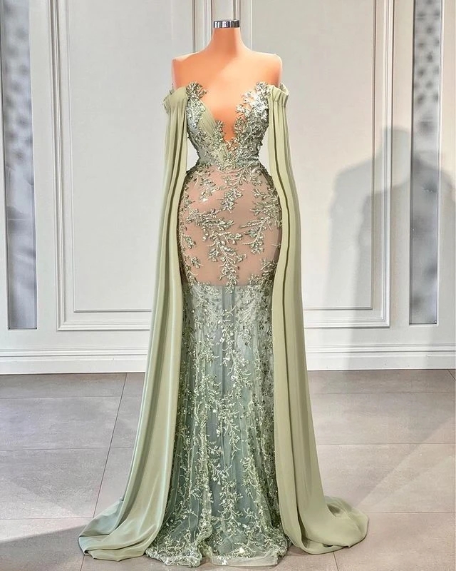 Green Lace Sage Chiffon Mermaid Prom Dresses with Sleeve Cape Sheer O-neck Applique Beaded Arabic Aso Ebi Evening Gown 322