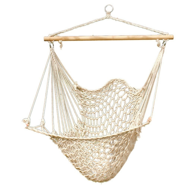 Hammock Cotton Swing Camping Hanging Rope Chair Wooden Beige White Outdoor Patio Cannot Ship To POBOX