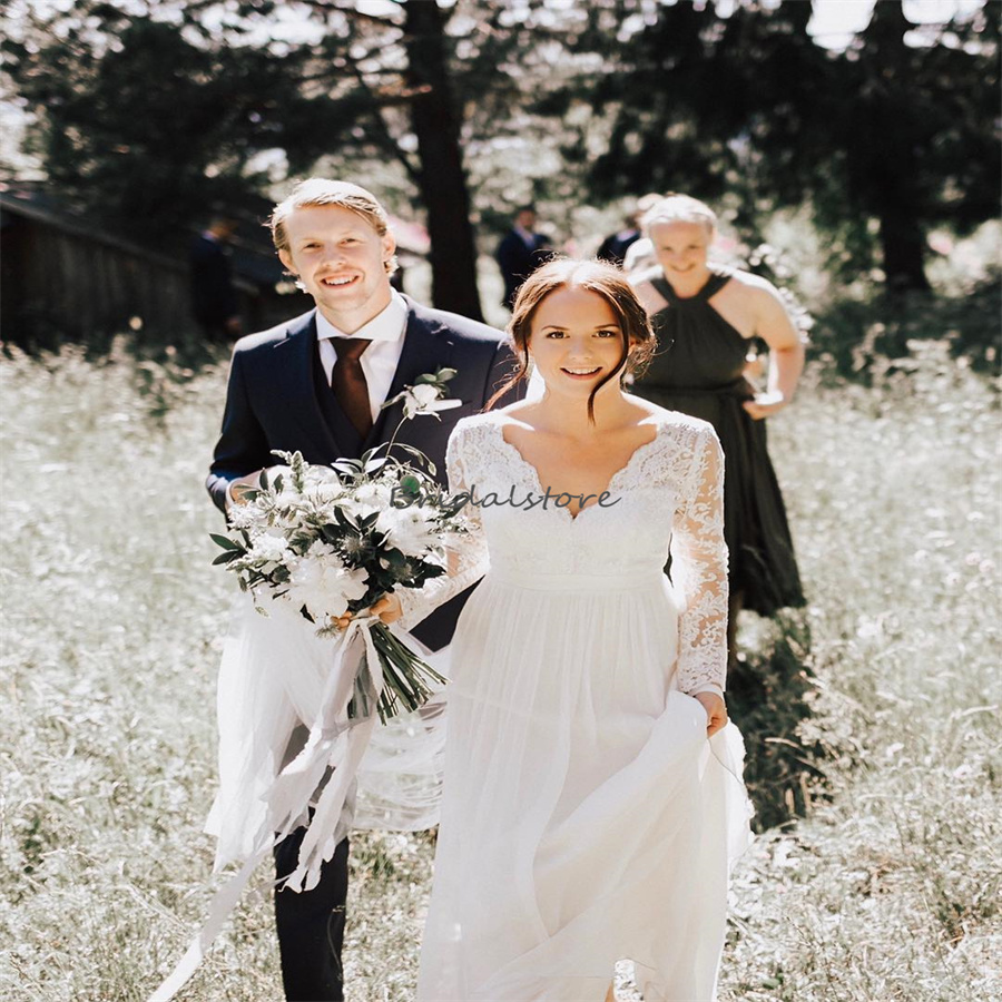 Simple Boho Korean Wedding Dress 2023 Sexy V Neck Long Sleeve Chiffon Bridal Gown Civil Japaese Modest Beach Ivory Country Bride Dresses Outdoor vesti