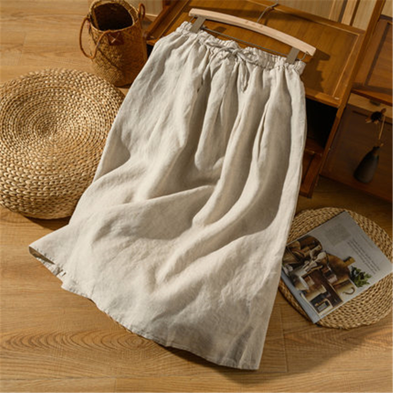 Skirts Limiguyue Midi Cotton Linen Skirt Women Loose Lace-up Summer Straight Skirts Literary High Waist Retro Casual Skirts Simple J422 230506