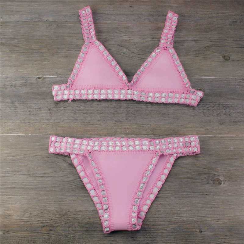 Women's Swimwear Crochet Bikini Swimwear 2022 Women Sexy Knit Patchwork Handmade Neoprene Boho Beachwear Bathing Suit Swimsuit Brazilian Biquini 
