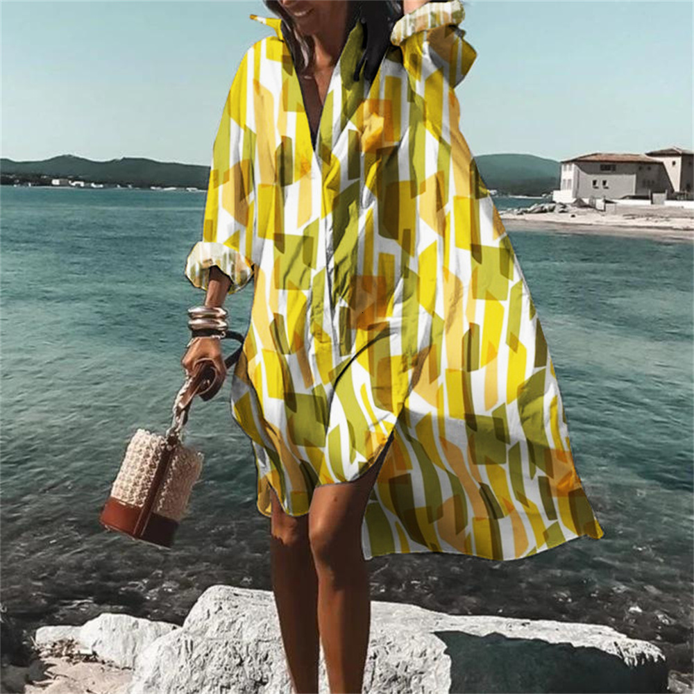 Women's Swimwear Casual Wavy stripes Print Beach Holiday Cover Up Coat Shirt Collar Swimsuit Pullover y2k clothing 230506