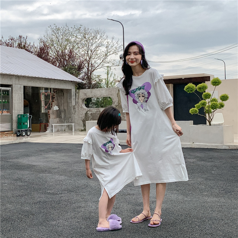 Family Matching Outfits Same Mom And Daughter Dresses Baby Girls Long Tee Women's Dress Mother And Children Summer Clothes Korean Parent-Child Ou