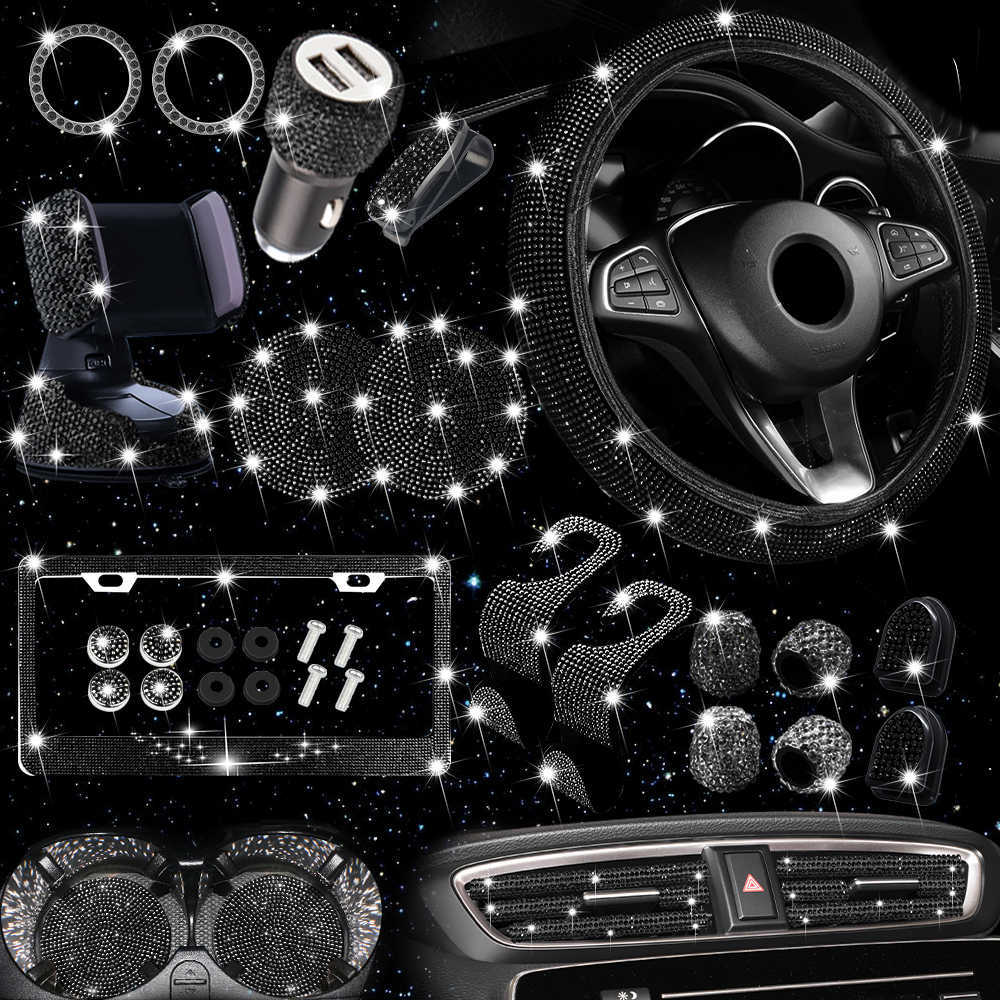 New Diamond Blingbling 27PCS/Set Car Interior Decor Accessories Set For Women Steering Wheel Cover License Plate Frame Car Vent Decor Phone Holder Hoo