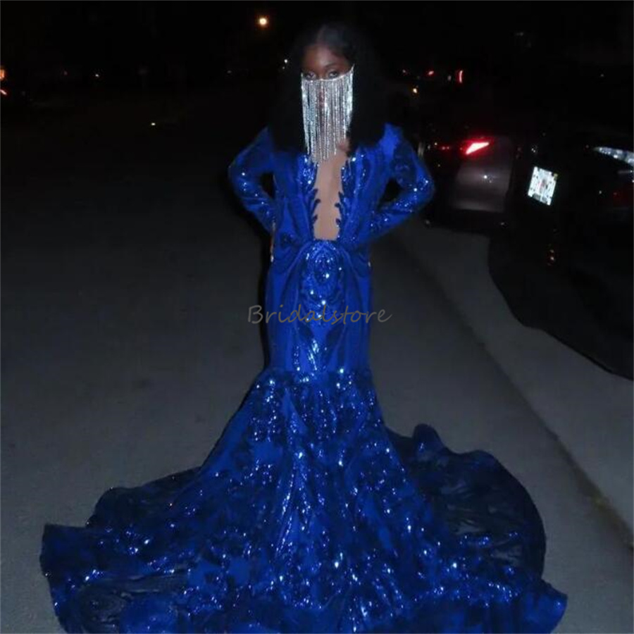 Luxury Sequin Royal Blue Prom Dress For Black Girl Long Seeve Mermaid Evening Gown Extra Custom Size Korean Formal Birthday Occasion Sparkle Vestido D