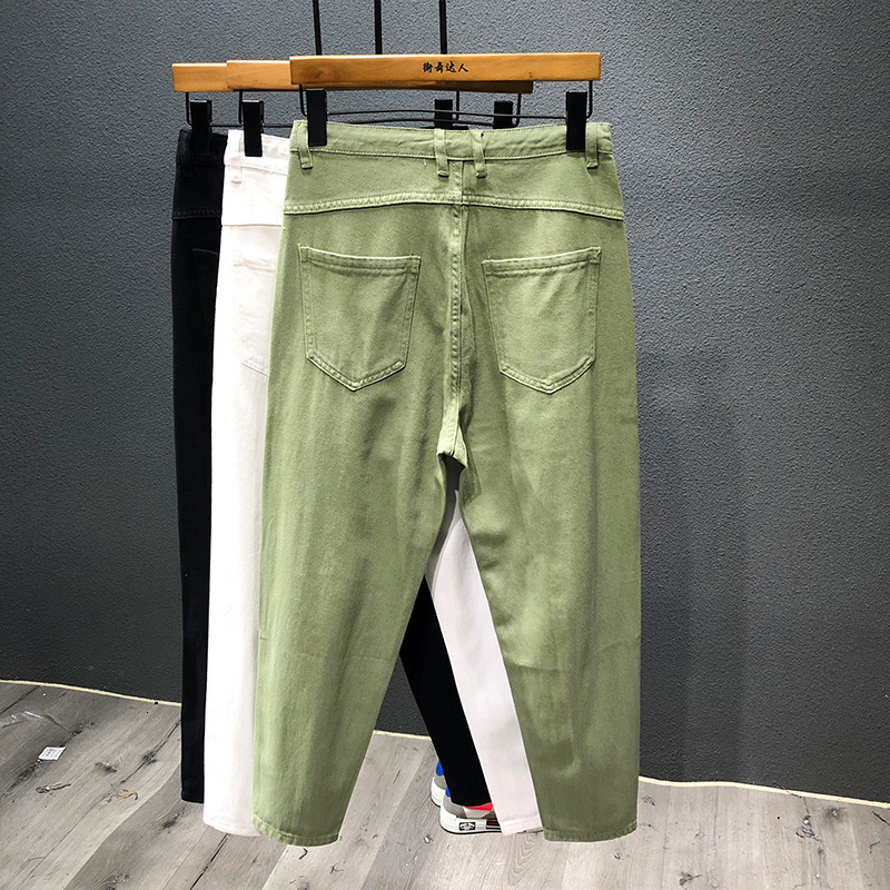 Men's Jeans Japanese Trend Men's Ripped Hole Jeans White Green Black Ankle Length Youth Fashion Loose Denim Harem Cargo Pants 230506