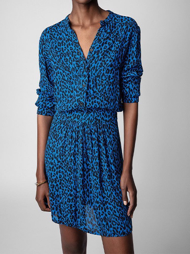 Skirts Spring and Summer Women Shirts Blue Leopard Print Tops Rayon Material Women Skirts Women Dresses 230506