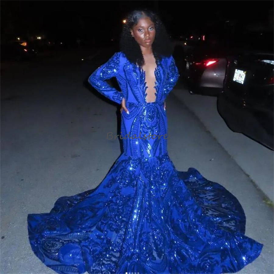 Luxury Sequin Royal Blue Prom Dress For Black Girl Long Seeve Mermaid Evening Gown Extra Custom Size Korean Formal Birthday Occasion Sparkle Vestido D
