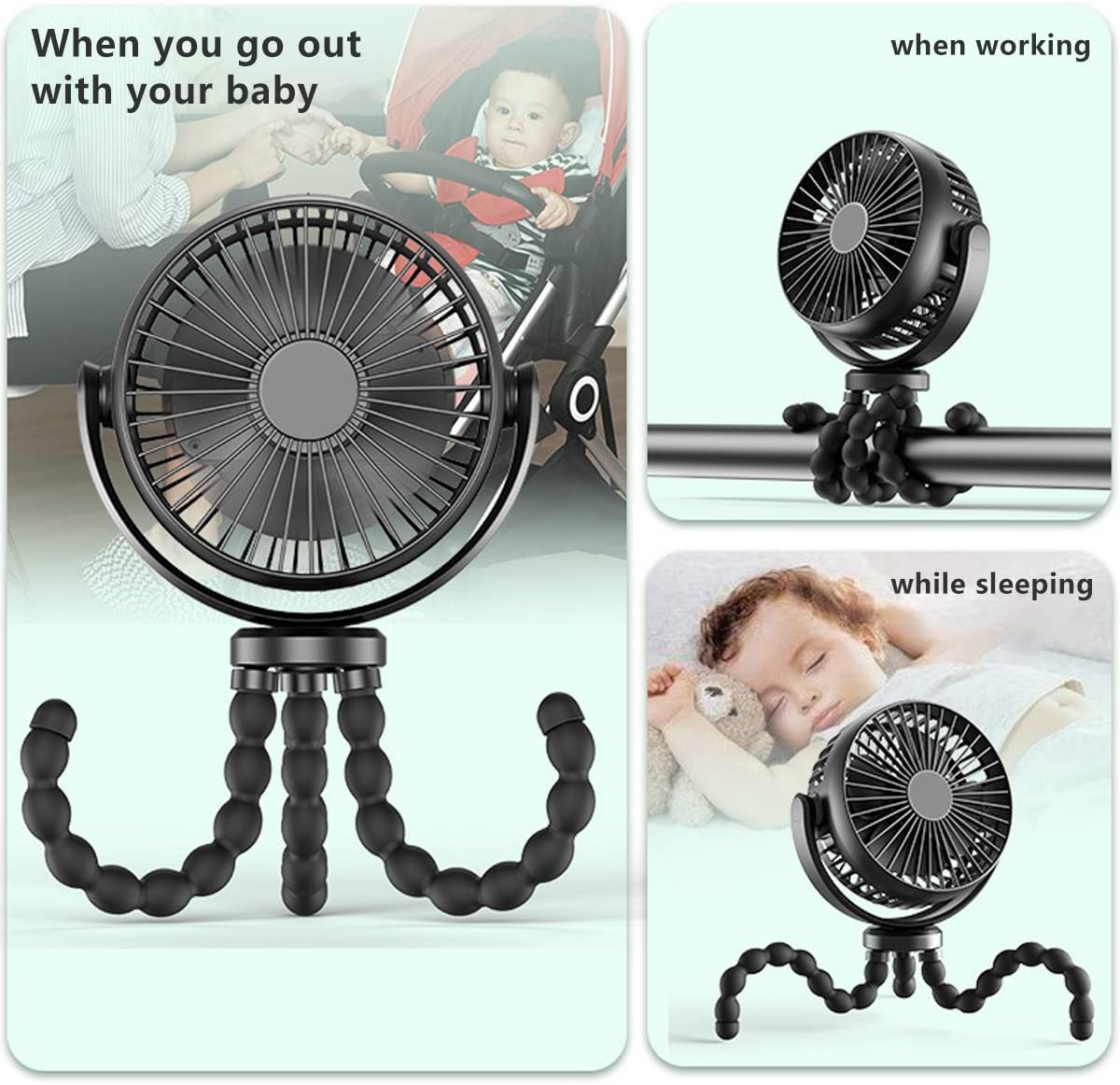 5200mAh Battery Powered Handheld Fan Portable Baby Stroller Fan 360°Rotate Rechargeable Mini Clip on Fan with Flexible Tripod for Car Seat Travel