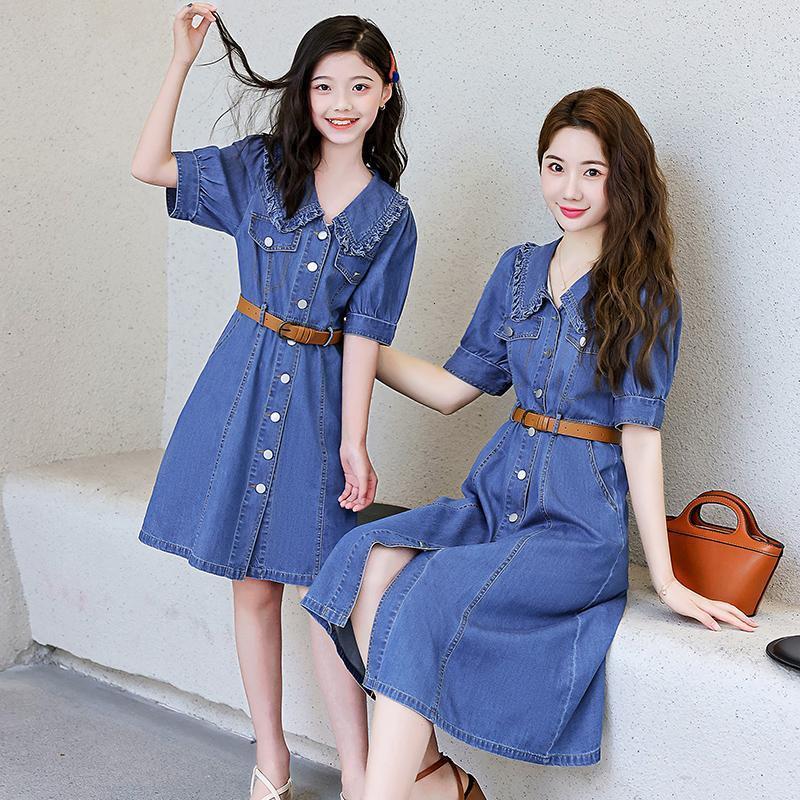 Family Matching Outfits Parent-Child Denim Dress Mother Daughter Matching Dresses Mom Baby Clothing Autumn Women Denim Patchwork Dress 230506