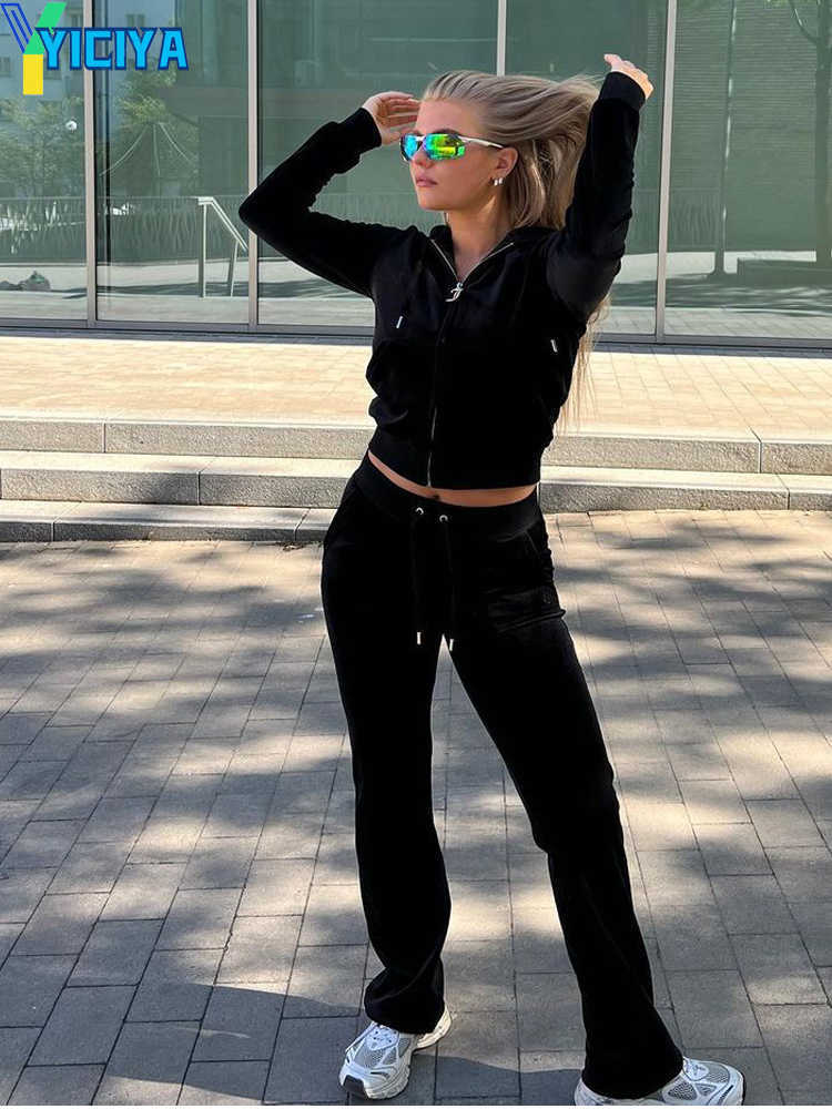 Women's Tracksuits YICIYA two piece sets Velvet Tracksuit Sewing Suit Y2k Pants And Zipper Hood Sweatshirt Women Large Size Female Velour Trouser