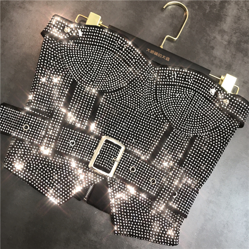 Two Piece Dress PREPOMP Sleeveless Strapless Diamonds Black Slim Tank Top Vest Short Bodycon Skirt Belt Set Outfits GH708 230505