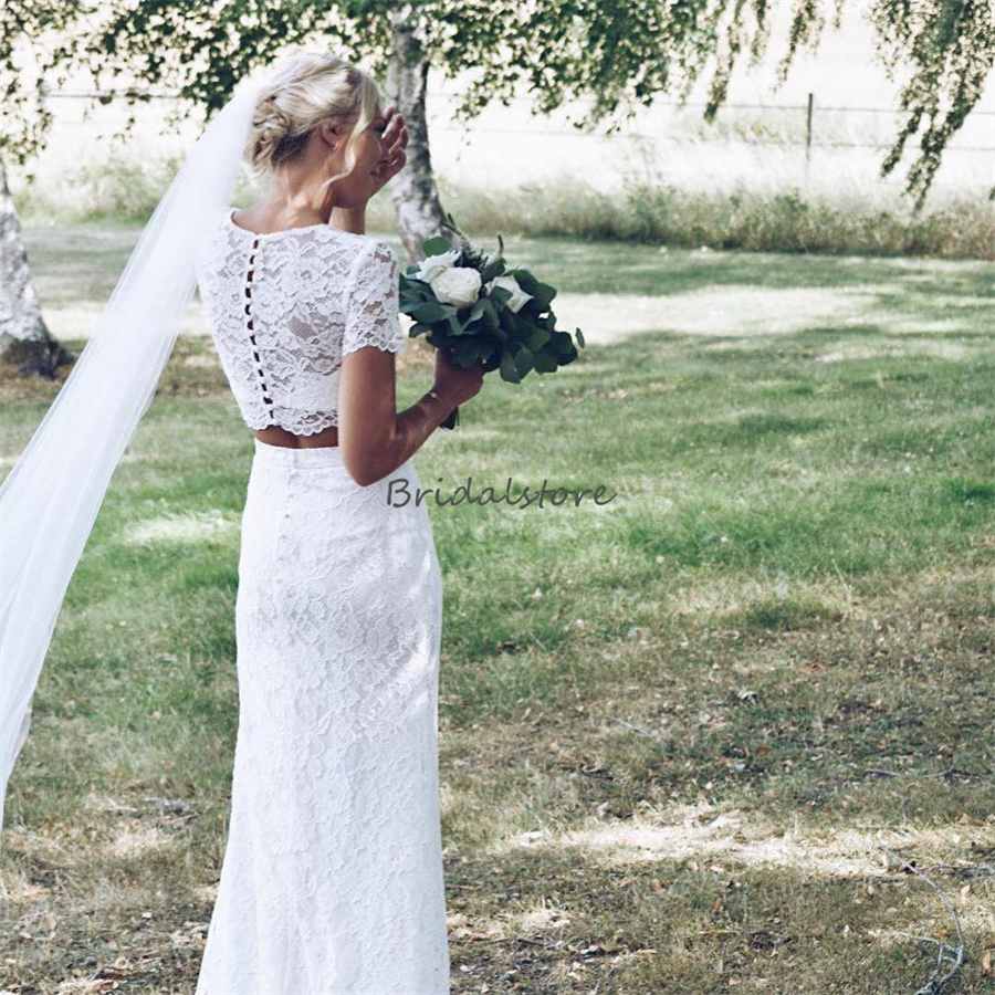 Two Pieces Boho Wedding Dress O Neck Short Sleeves White Beach Bohemain Lace Bridal Dresses 2023 Civil Country Bride Vinatge vestidos de novia robe de