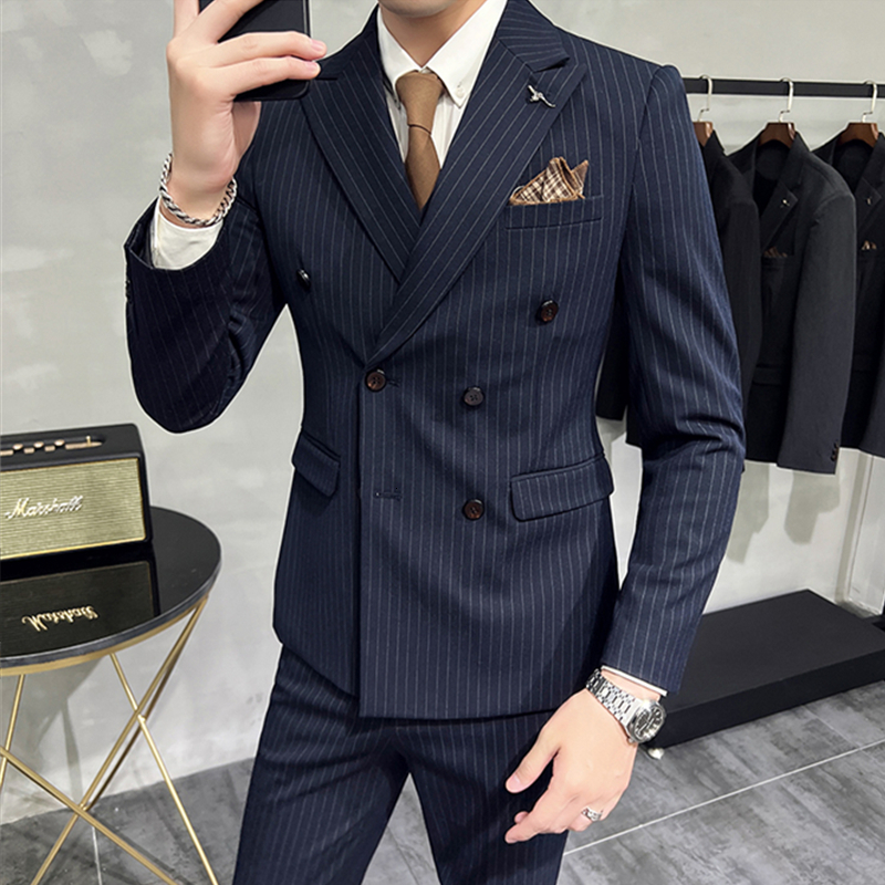 Men's Suits Blazers Fashion Men's Boutique Business Slim Wedding Striped Double Breasted Suit Blazers Jacket Pants Trousers Vest 3 Pcs Set 2