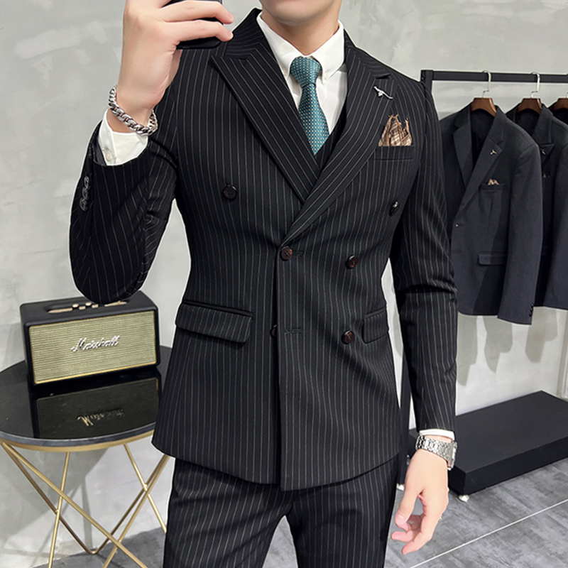 Men's Suits Blazers Fashion Men's Boutique Business Slim Wedding Striped Double Breasted Suit Blazers Jacket Pants Trousers Vest 3 Pcs Set 2