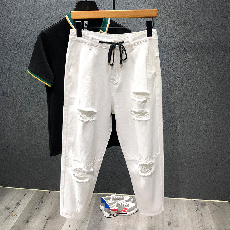 Men's Jeans Japanese Trend Men's Ripped Hole Jeans White Green Black Ankle Length Youth Fashion Loose Denim Harem Cargo Pants 230506