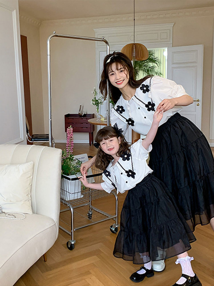 Family Matching Outfits Parent-child Wear Mother and Daughter Korean Version Girls Small Fragrance Suit Shirt Skirt Two-piece Set Summer 230506