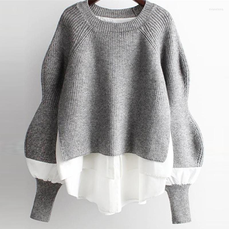 Womens Sweaters Knitted Sweater Patchwork Ruffle Lantern Sleeve O-neck Jumper Female Pullover 2023 Winter Loose Warm Ladies Top
