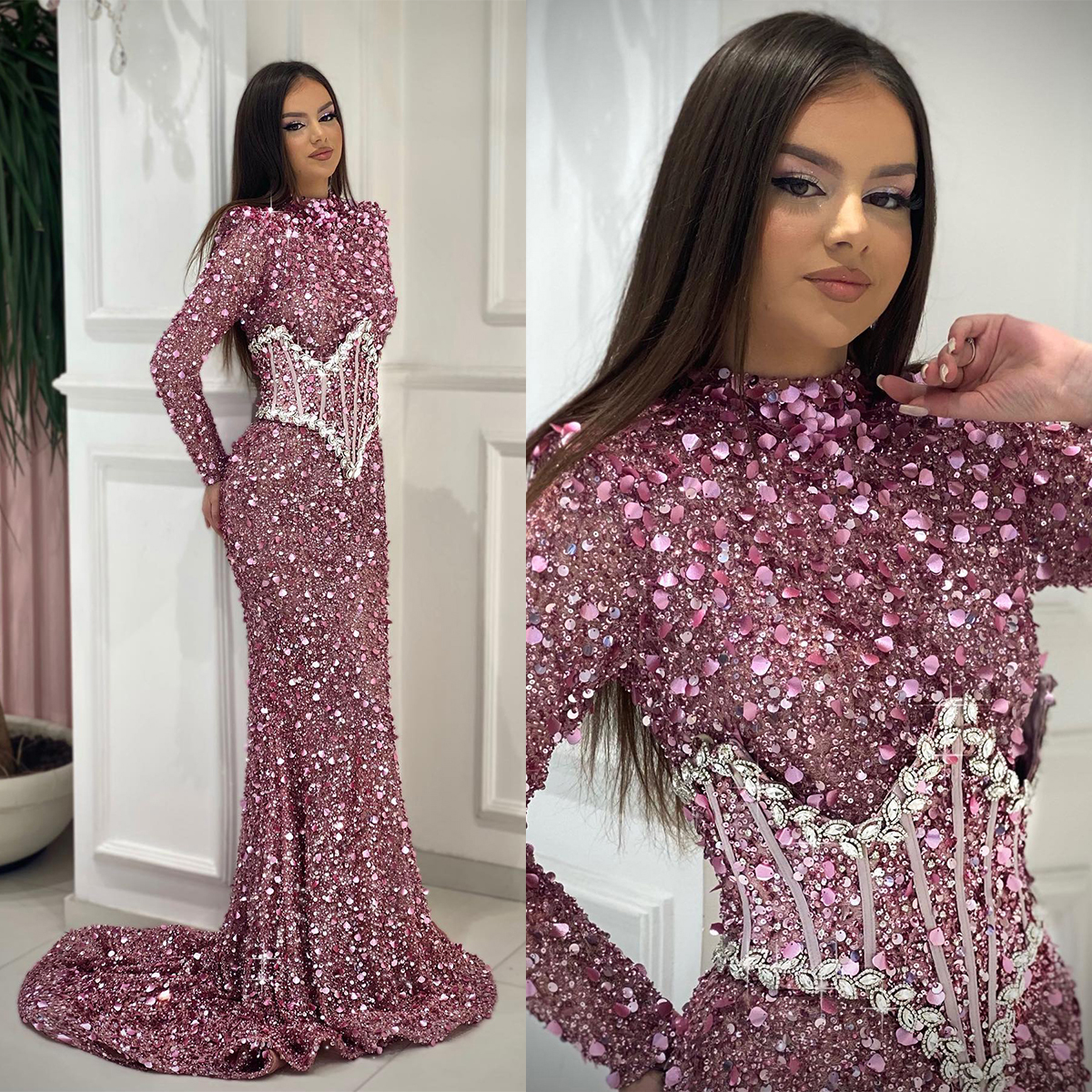 Gorgeous Mermaid Prom Dresses Jewel Long Sleeves Shining Sequins Beads Zipper Court Gown Custom Made Plus Size Party Dress Vestido De Noite 6660306