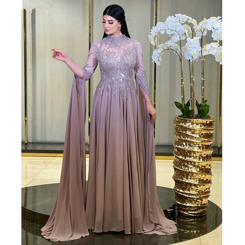 Dubai High Neck Sequined Beading Evening Dresses with long sleeve cape 2023 Saudi Arabic prom occasion reception gown Ramadan