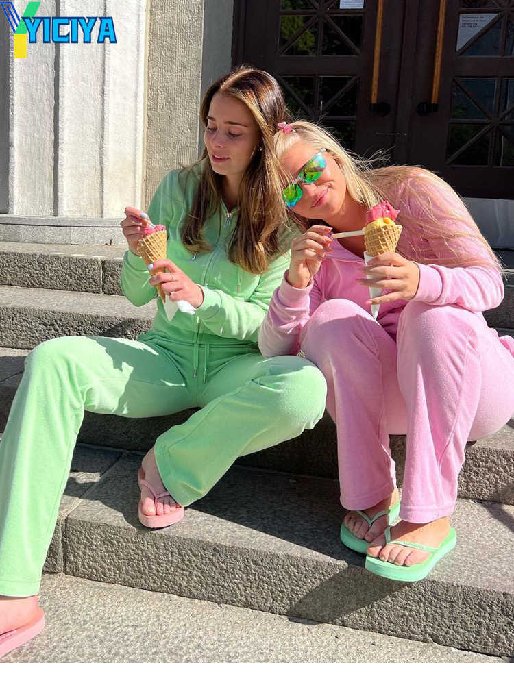 Women's Tracksuits YICIYA two piece sets Velvet Tracksuit Sewing Suit Y2k Pants And Zipper Hood Sweatshirt Women Large Size Female Velour Trouser