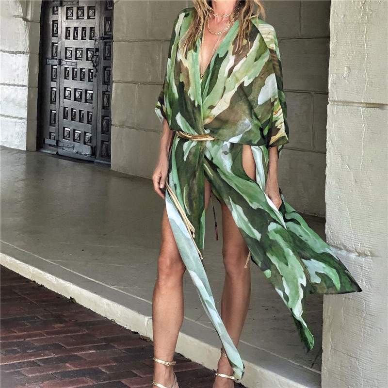 Women's Swimwear Long Swimsuit Cover Up Open Front High Split Flowy Chiffon Kimono Beach Cardigan 230506